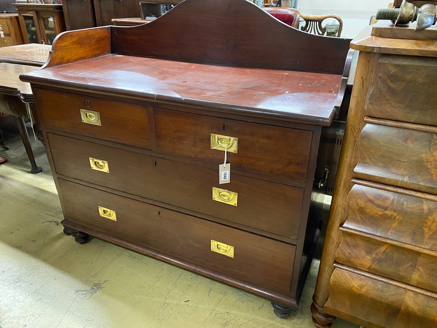 A Victorian military style mahogany wash stand, width 114cm, depth 54cm, height 109cm